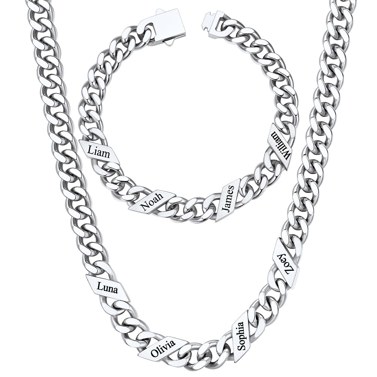 9mm Custom 4 name Name Cuban Link Necklace Bracelet Set on a white background