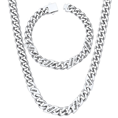 9mm Custom 4 name Name Cuban Link Necklace Bracelet Set on a white background