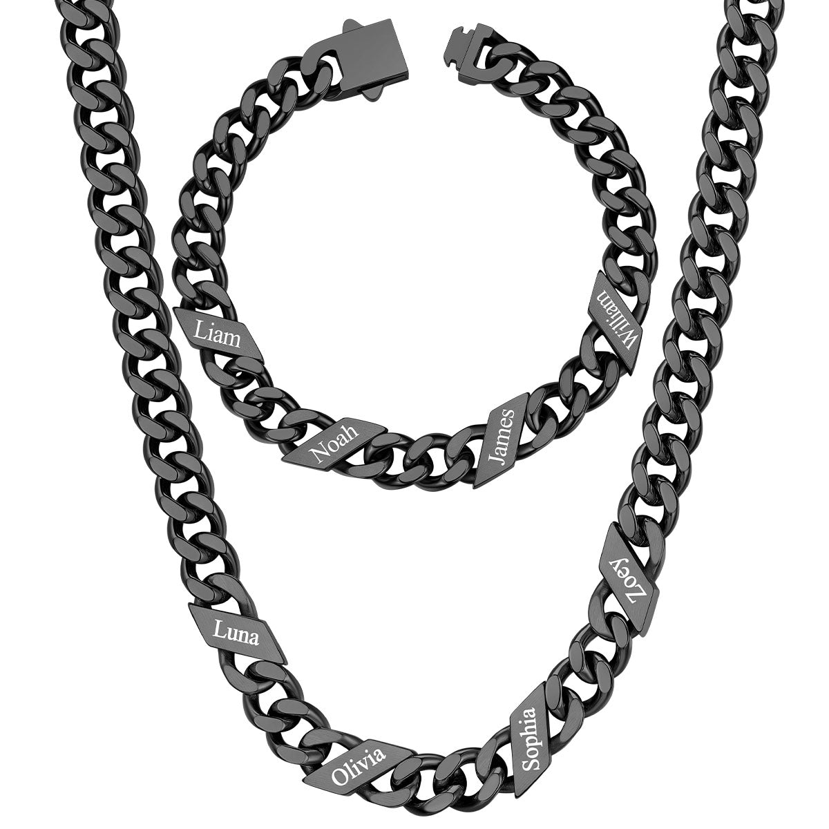 9mm Custom 4 name Name Cuban Link Necklace Bracelet Set on a white background Black Plated