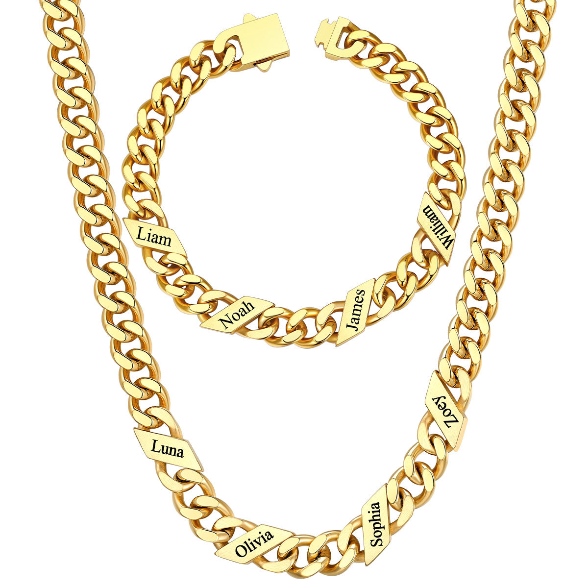 9mm Custom 4 name Name Cuban Link Necklace Bracelet Set on a white background Gold Plated