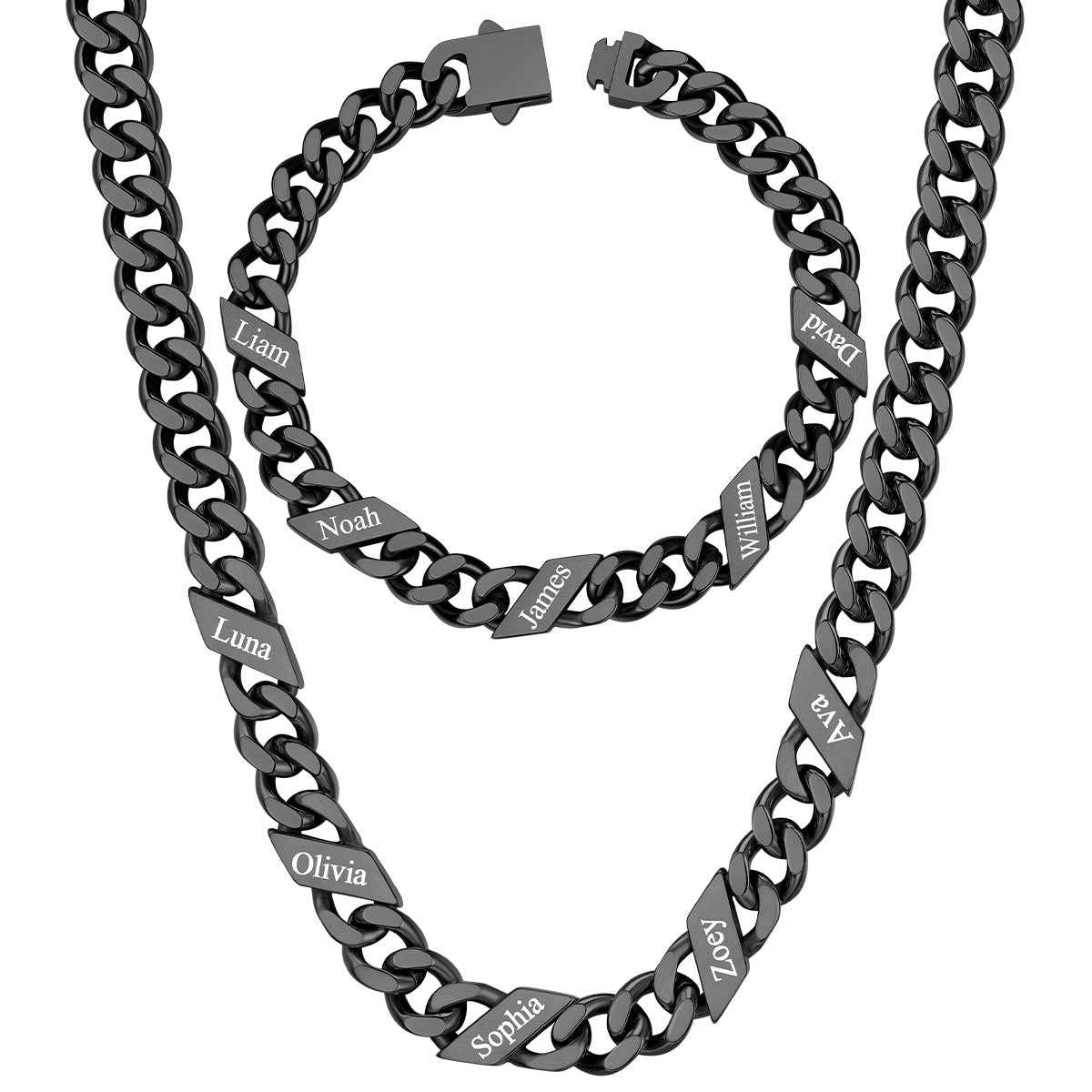 9mm Custom 5 name Name Cuban Link Necklace Bracelet Set on a white background Black Plated