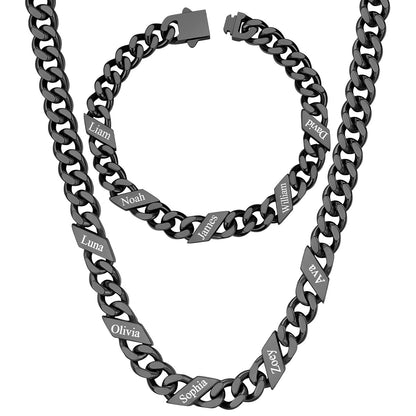9mm Custom 5 name Name Cuban Link Necklace Bracelet Set on a white background Black Plated