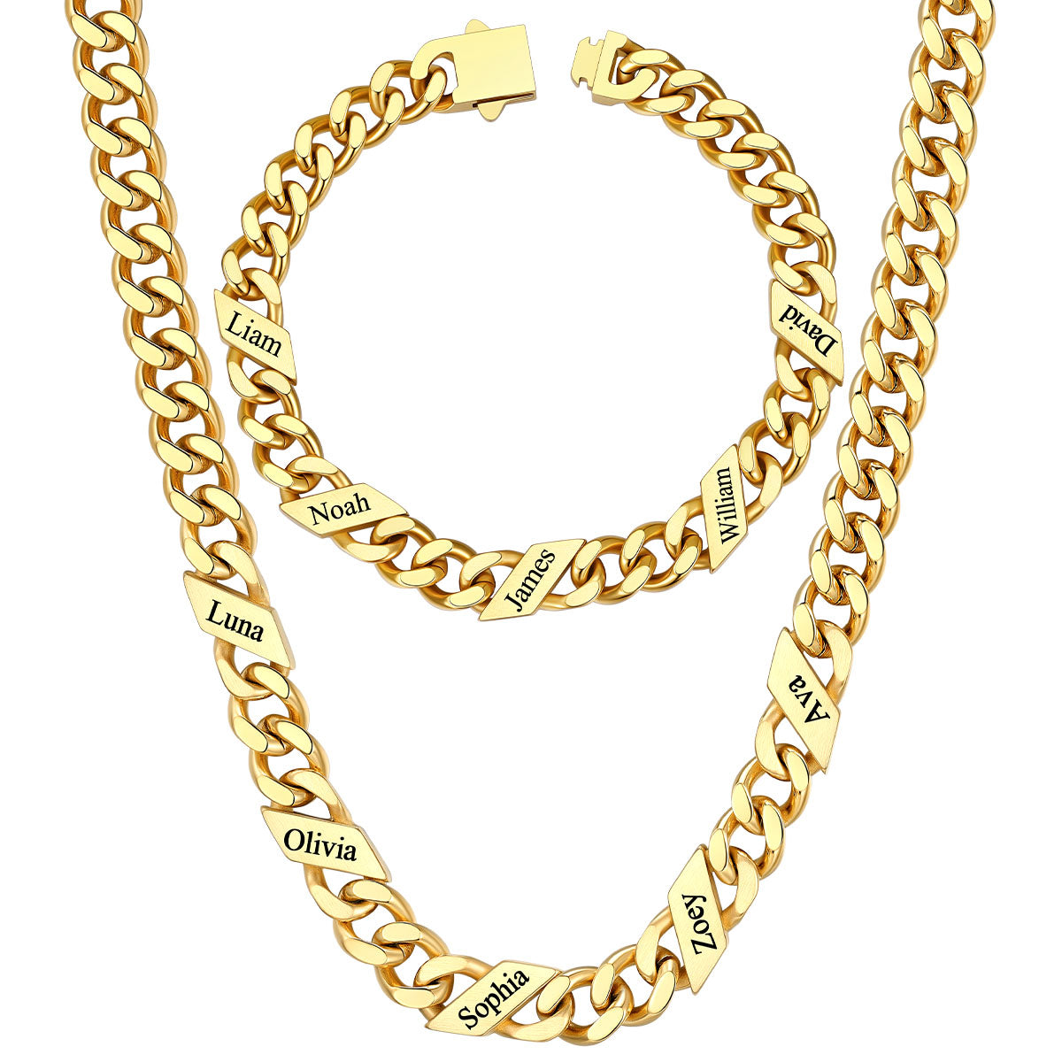 9mm Custom 5 name Name Cuban Link Necklace Bracelet Set on a white background Gold Plated