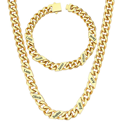9mm Custom 5 name Name Cuban Link Necklace Bracelet Set on a white background Gold Plated