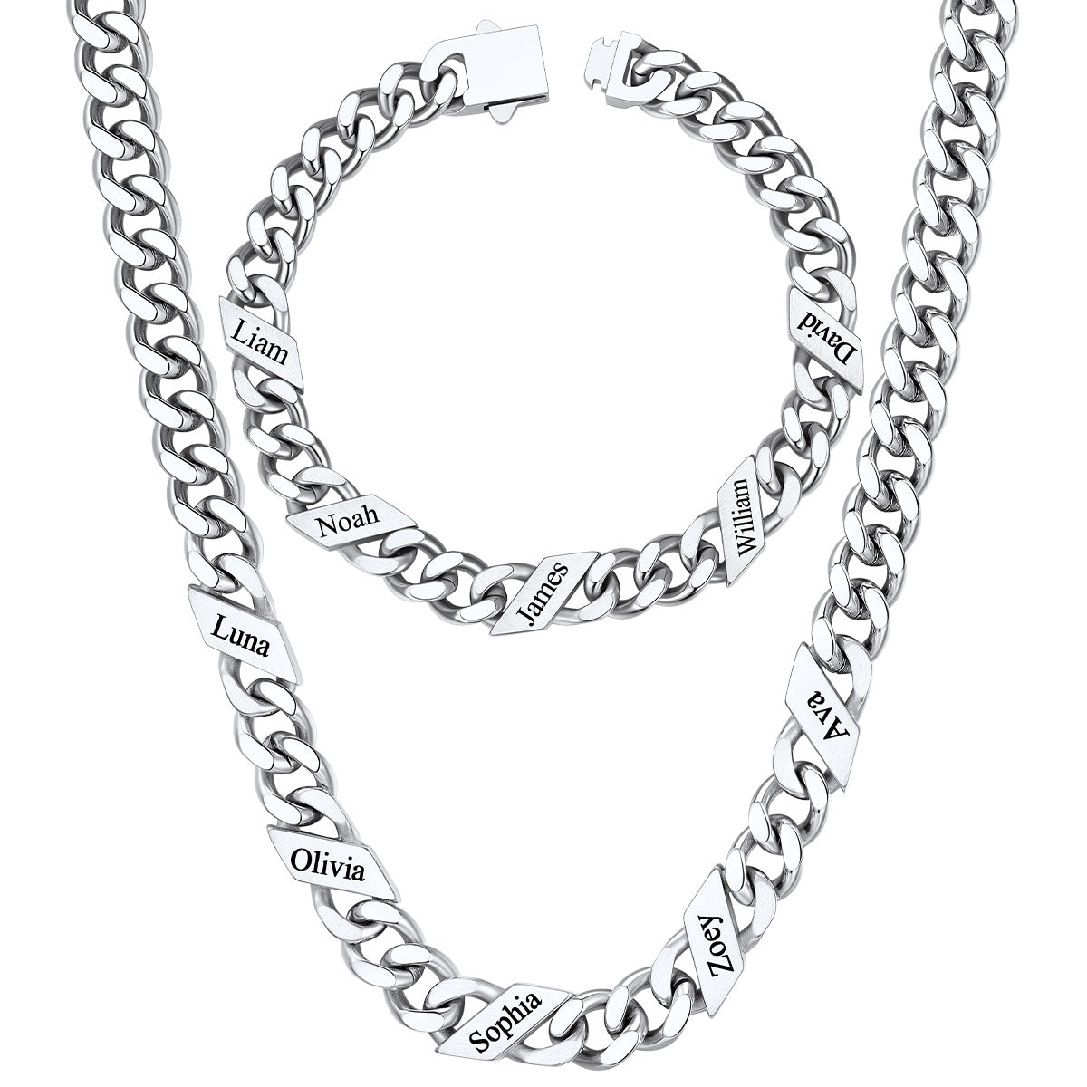 9mm Custom 9 name Name Cuban Link Necklace Bracelet Set on a white background