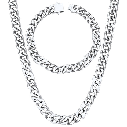 9mm Custom 9 name Name Cuban Link Necklace Bracelet Set on a white background