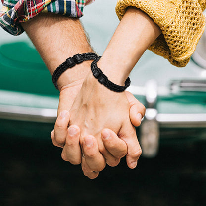 A Couple Wearing Beads Leather Braided Layer Bracelet