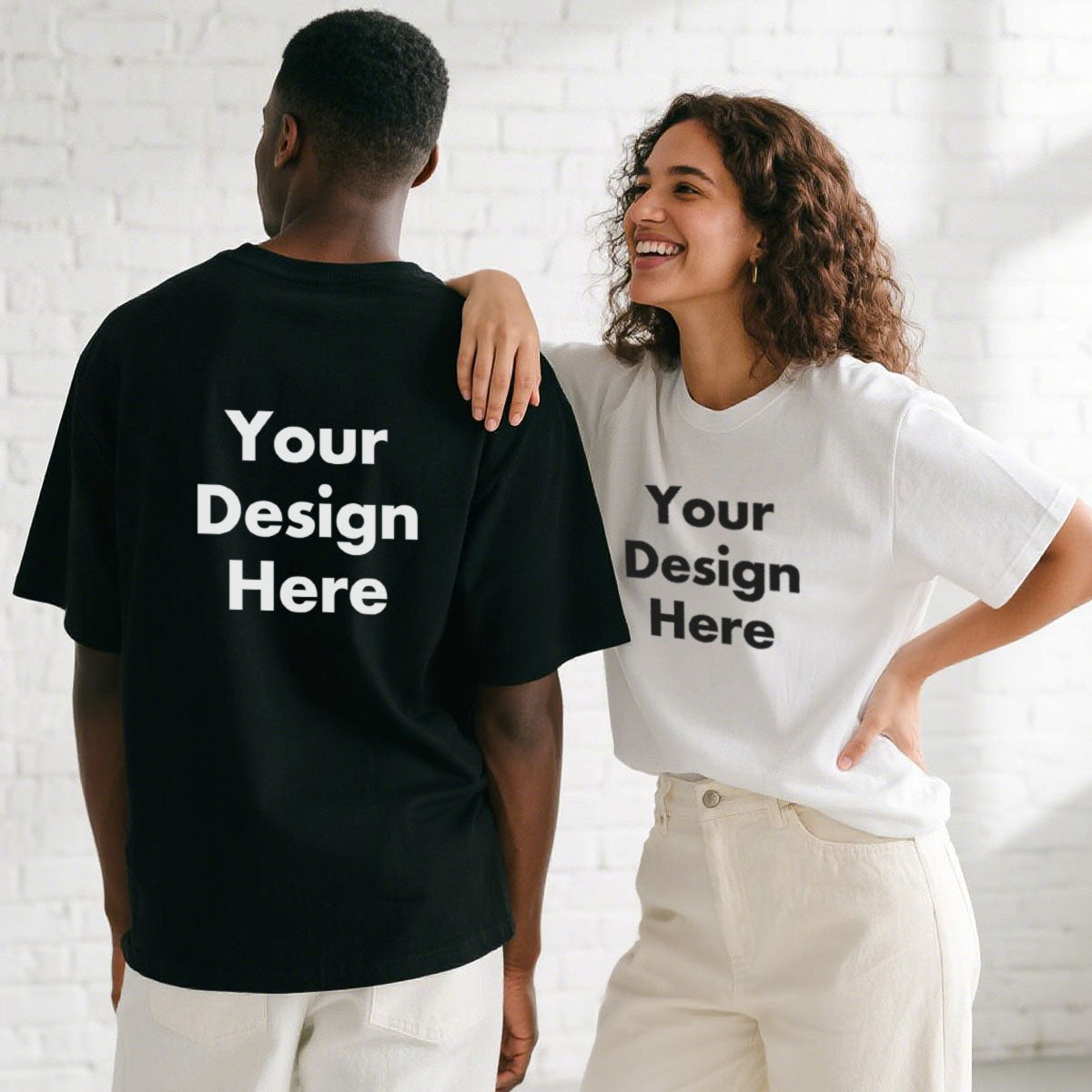 A Couple Wearing Black Custom Text T-Shirts