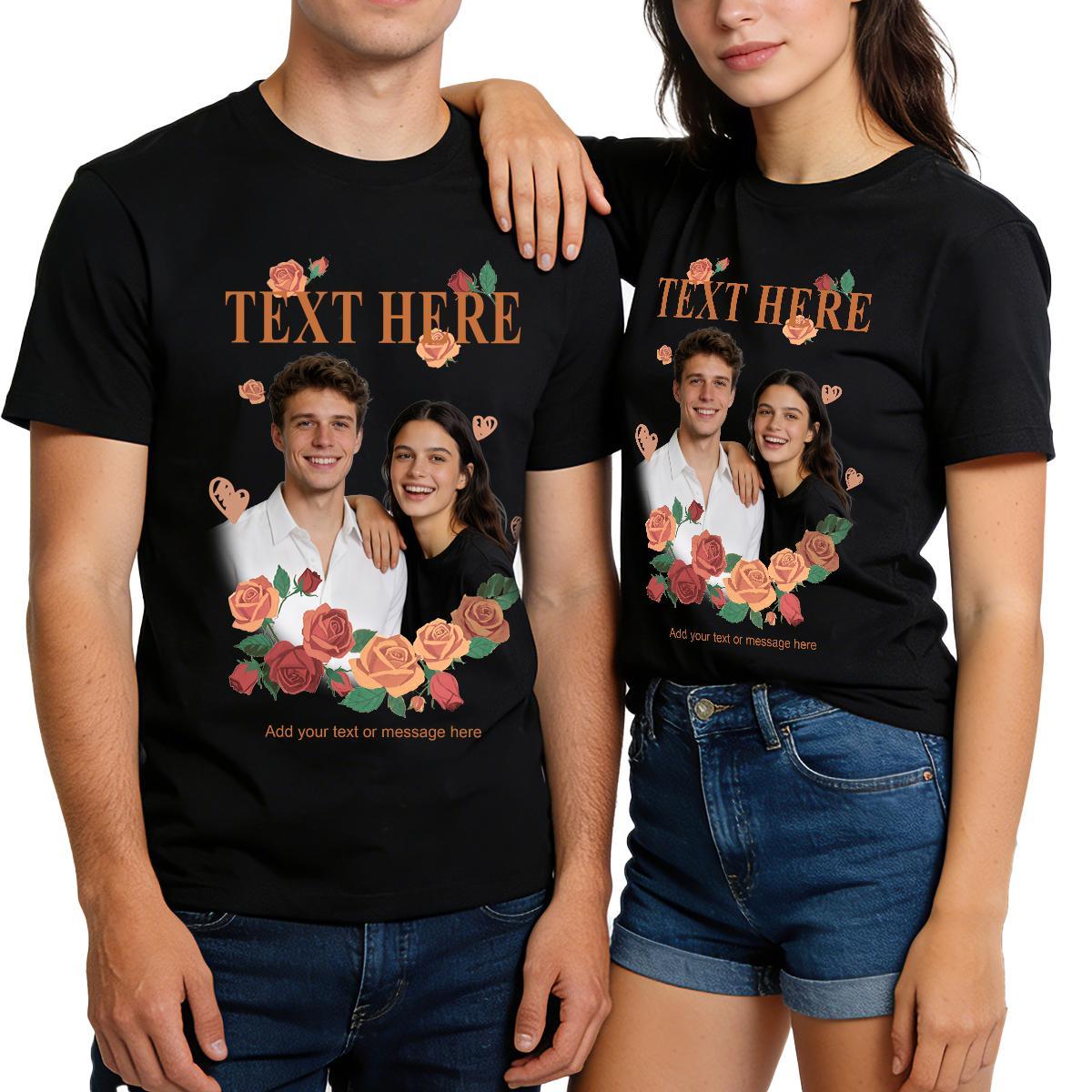A Couple Wearing Custom Photo & Text Blossom T Shirt 