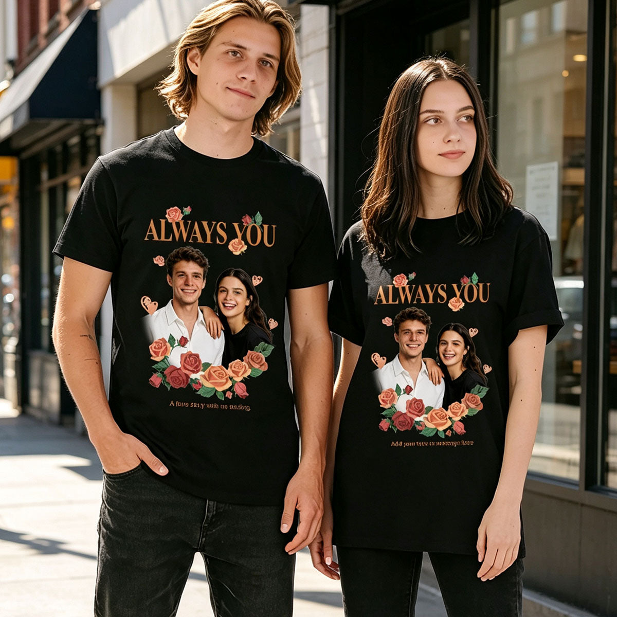 A Couple Wearing Custom Photo & Text Blossom T Shirt  on the street