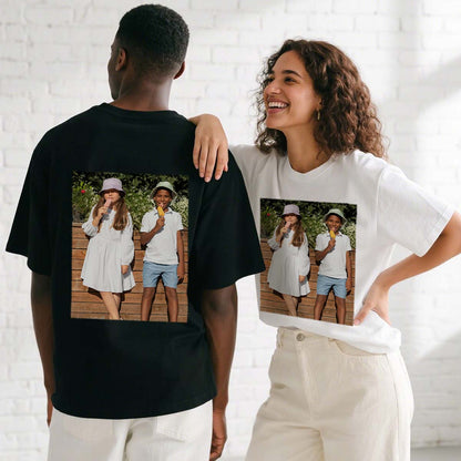 A Couple Wearing Personalized Picture T-Shirts