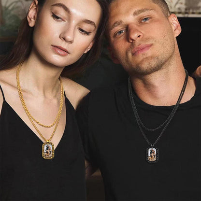 A Couple Wearing Picture Skull Octagonal Dog Tag Necklace
