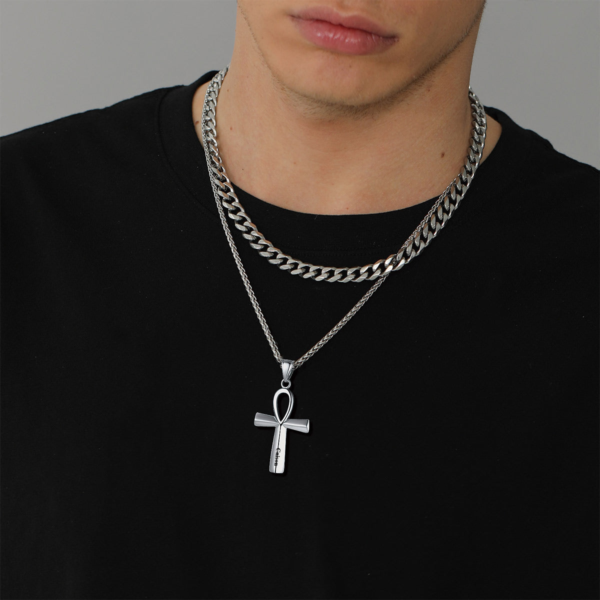 A Man Personalized Engraved Ankh Cross Necklace