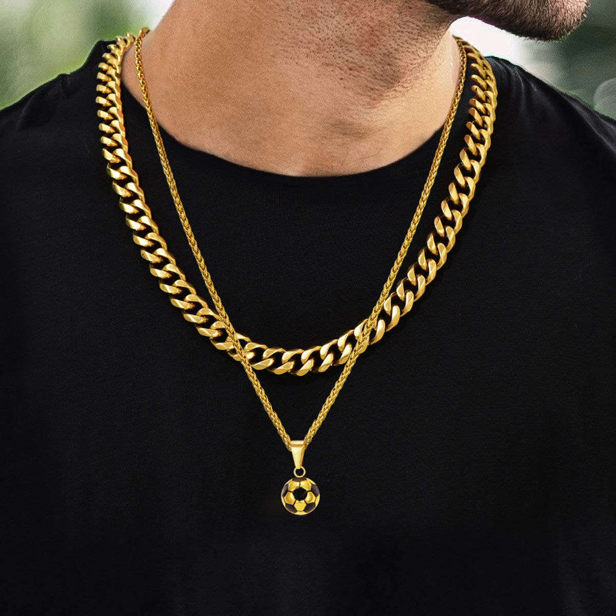 A Man Wearing 3D Soccer Necklaces in 316L Stainless Steel