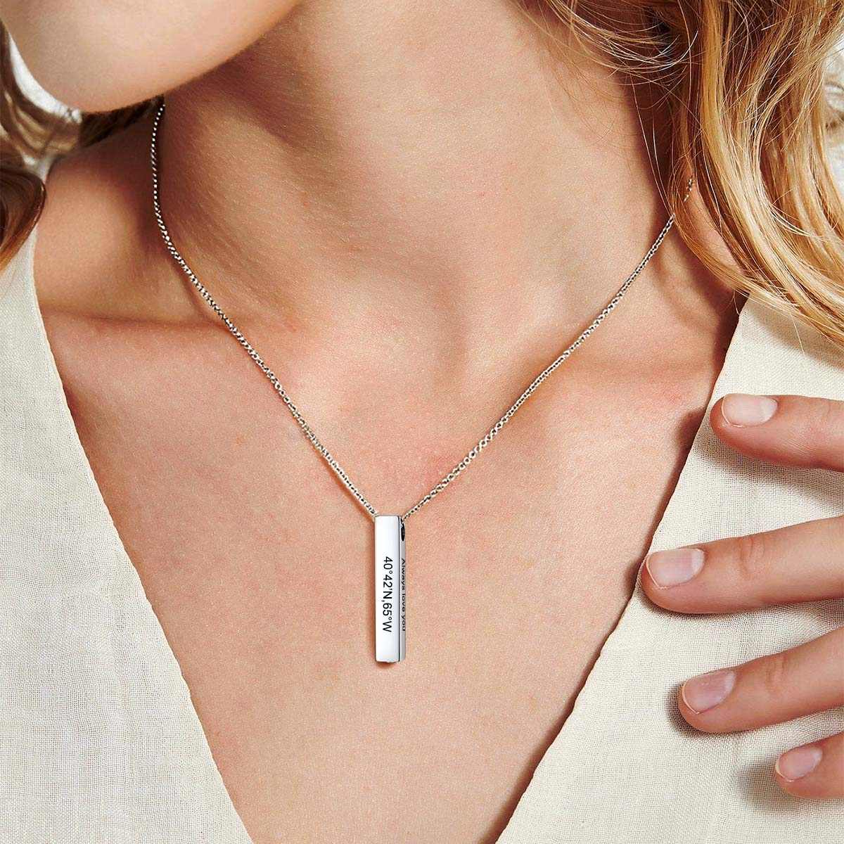 A Man Wearing A Woman Wearing Personalized Bar Urn Necklaces for Ashes