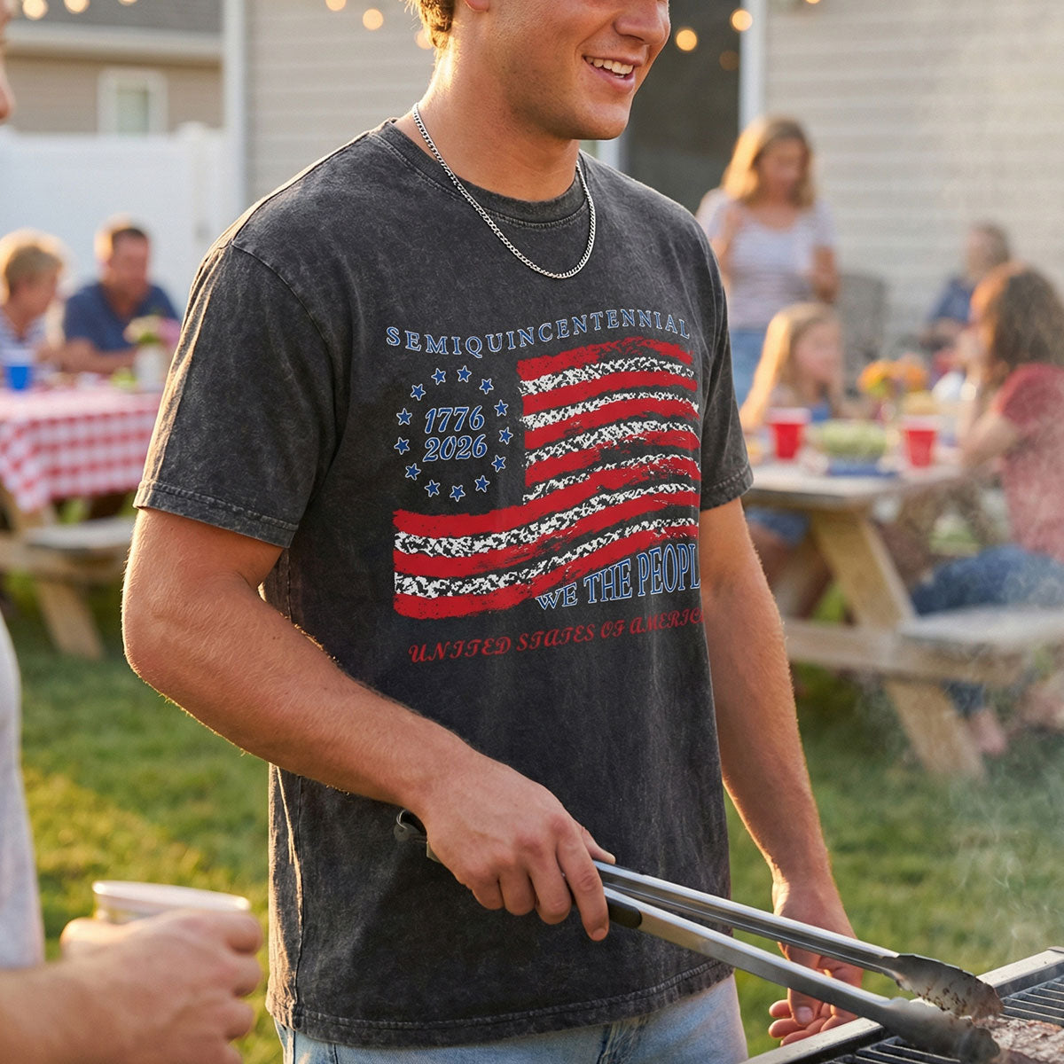 A Man Wearing American Flag 4th of July T-Shirt