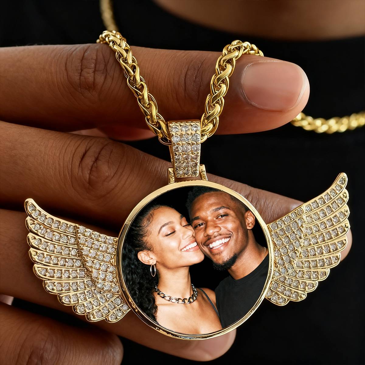 A Man Wearing Angel Wings Picture Necklace with Cubic Zirconia