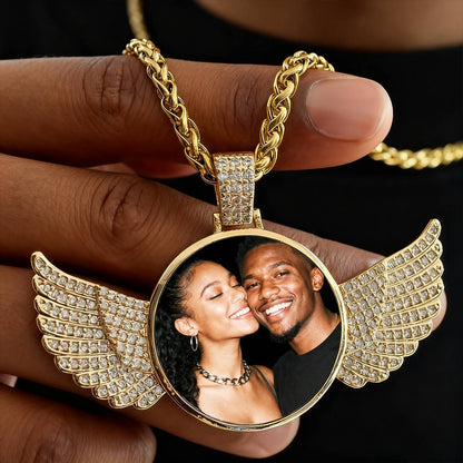 A Man Wearing Angel Wings Picture Necklace with Cubic Zirconia