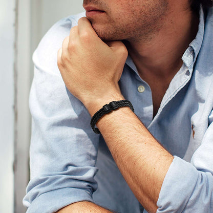 A Man Wearing Beads Leather Braided Layer Bracelet