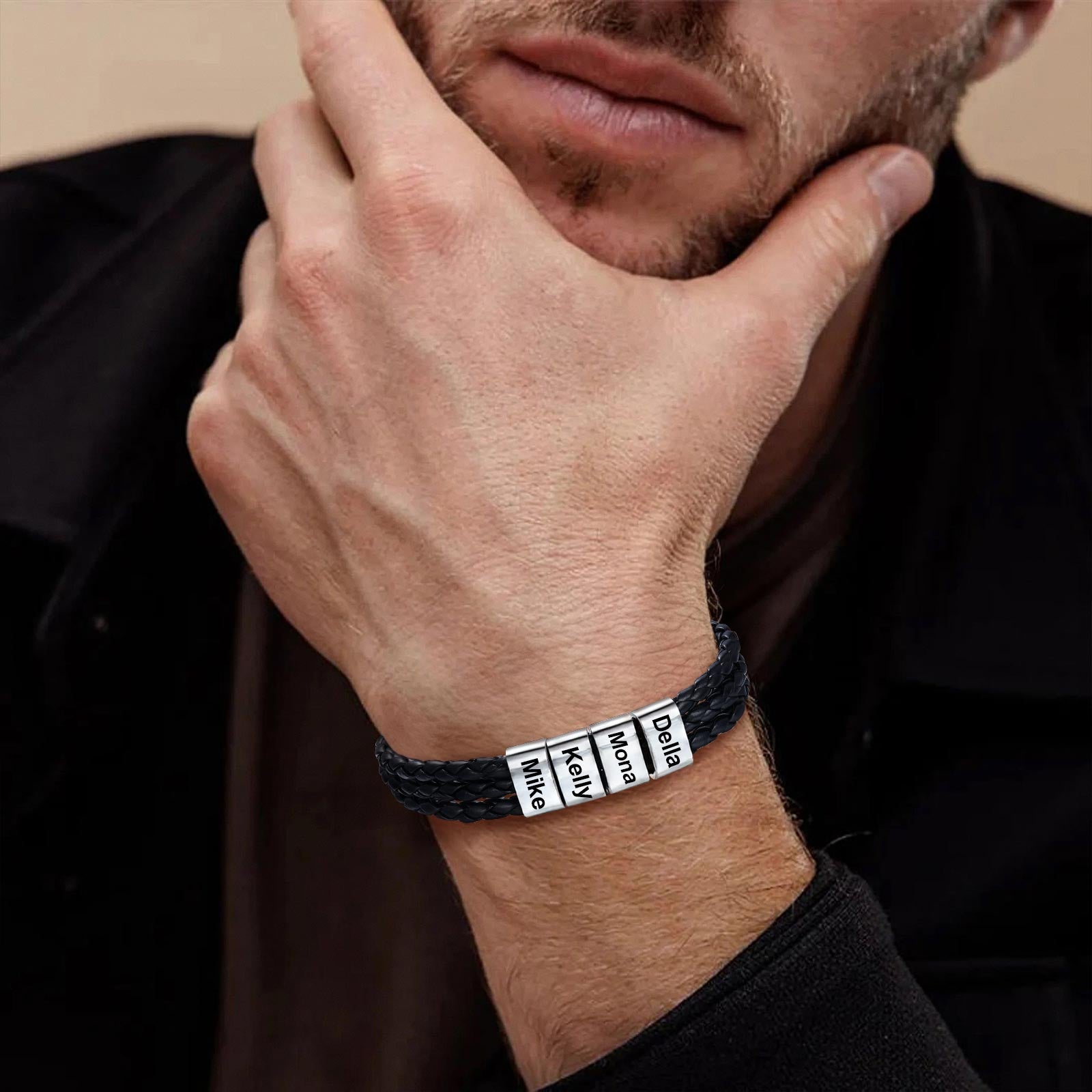 A Man Wearing Beads Leather Layer Bracelet