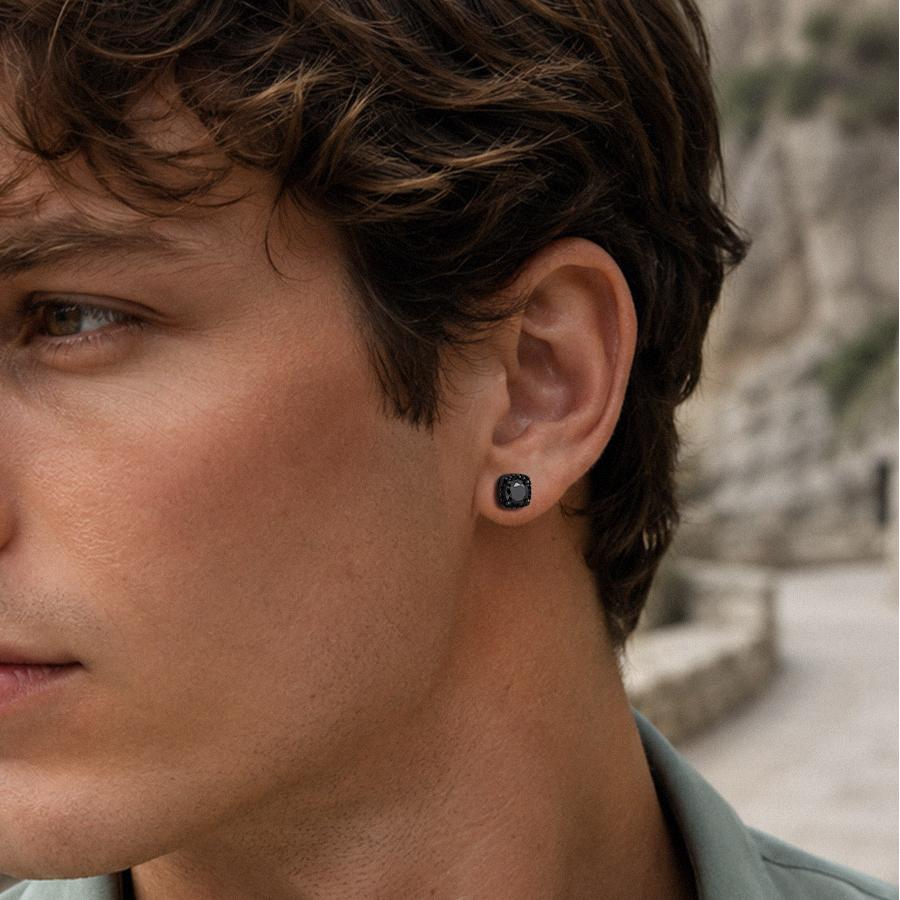 A Man Wearing Black Cubic Zirconia Halo Stud Earrings