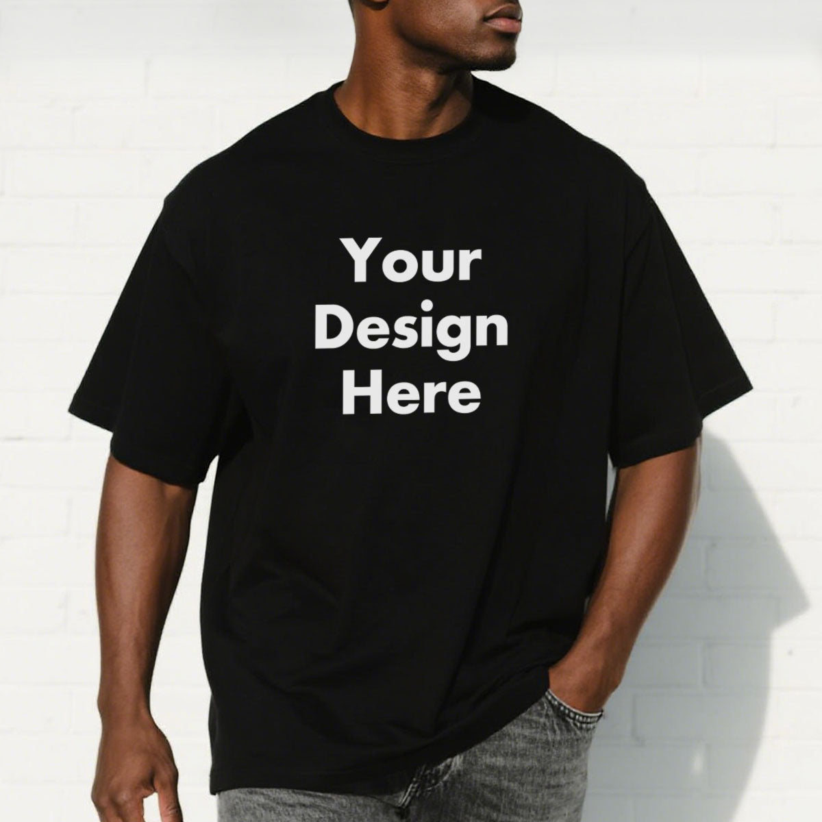 A Man Wearing Black Custom Text T-Shirts