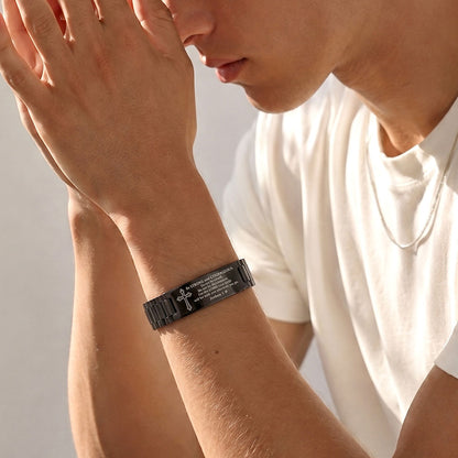 A Man Wearing Black Plated Personalized Engraved Cross Bracelet