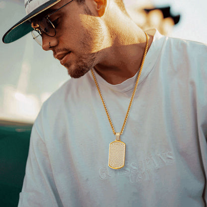 A Man Wearing Bling Cubic Zirconia Dog Tag Necklaces