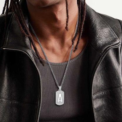 A Man Wearing Bling Dog Tag A-Z Letter Necklaces