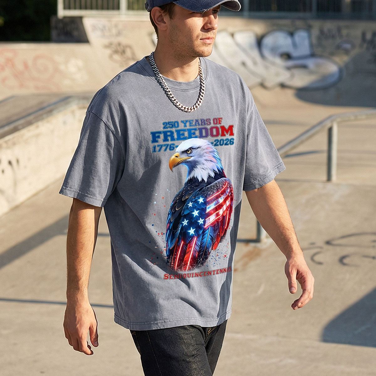 A Man Wearing Blue 250 Year American T Shirt 