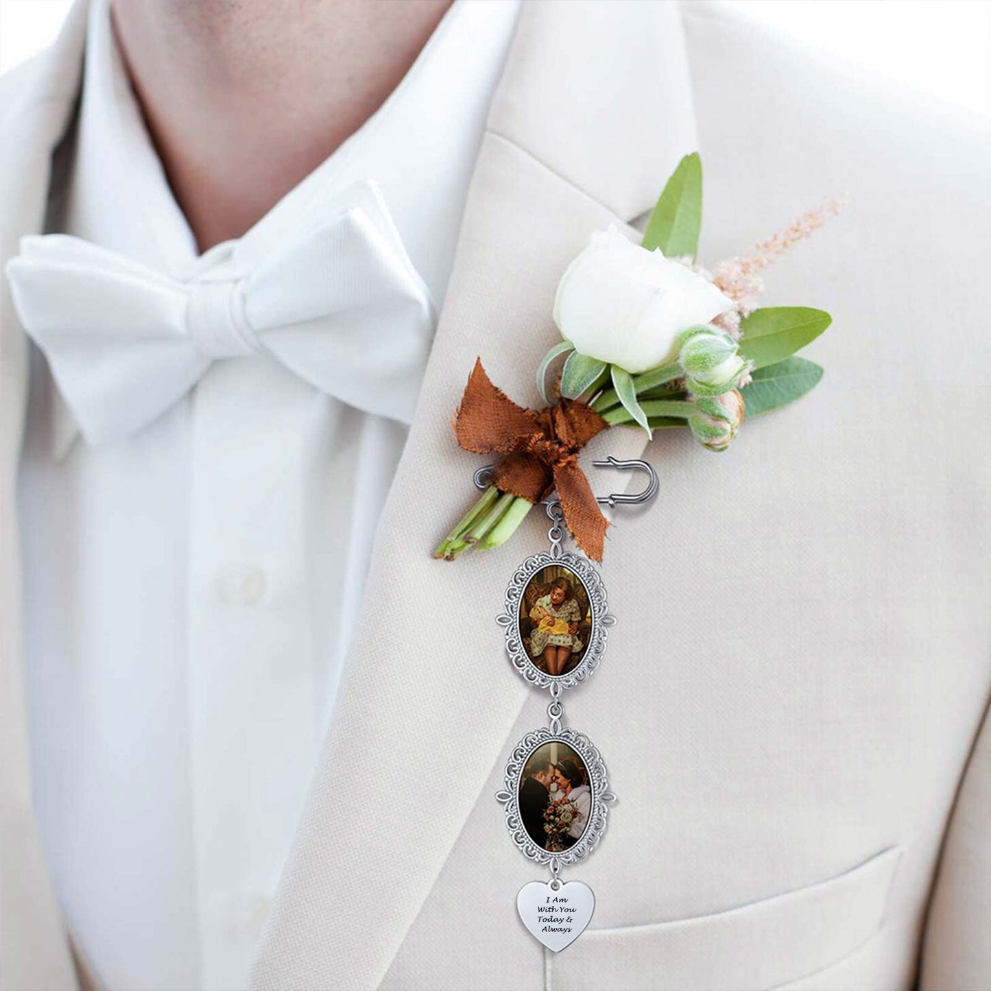 A Man Wearing Bouquet Photo Charms Memorial Brooch Pins for Wedding