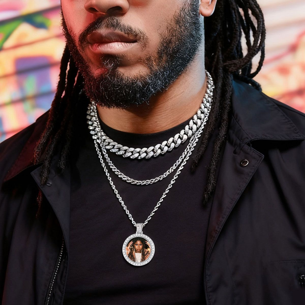 A Man Wearing CZ Picture Pendant Necklace Gold Plated