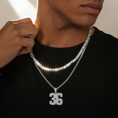A Man Wearing CZ Tennis Chain & Personalized Number Necklaces Set