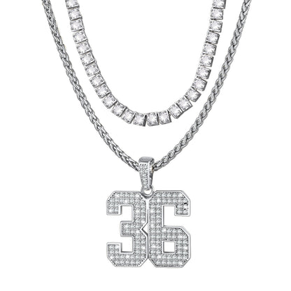 A Man Wearing CZ Tennis Chain & Personalized Number Necklaces Set in white gold plated