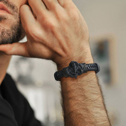 A Man Wearing Cobra Leather Braided Bracelet