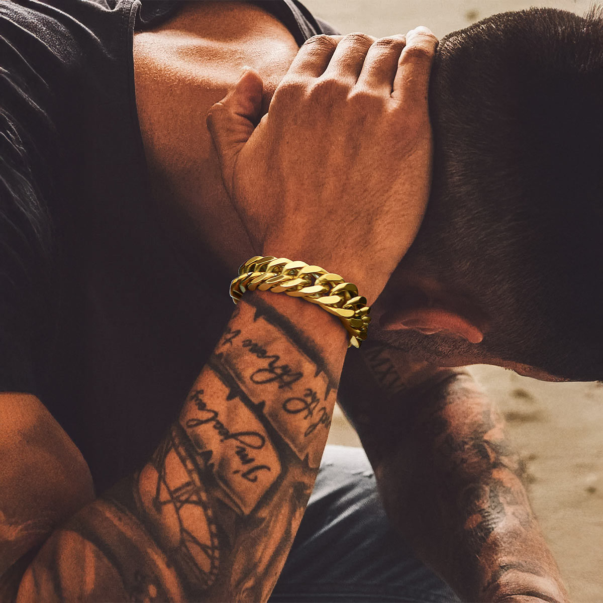 A Man Wearing Cuban Chain Bracelet in Stainless Steel