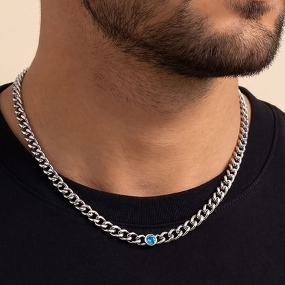 A Man Wearing Cuban Chain Choker Birthstone Necklace