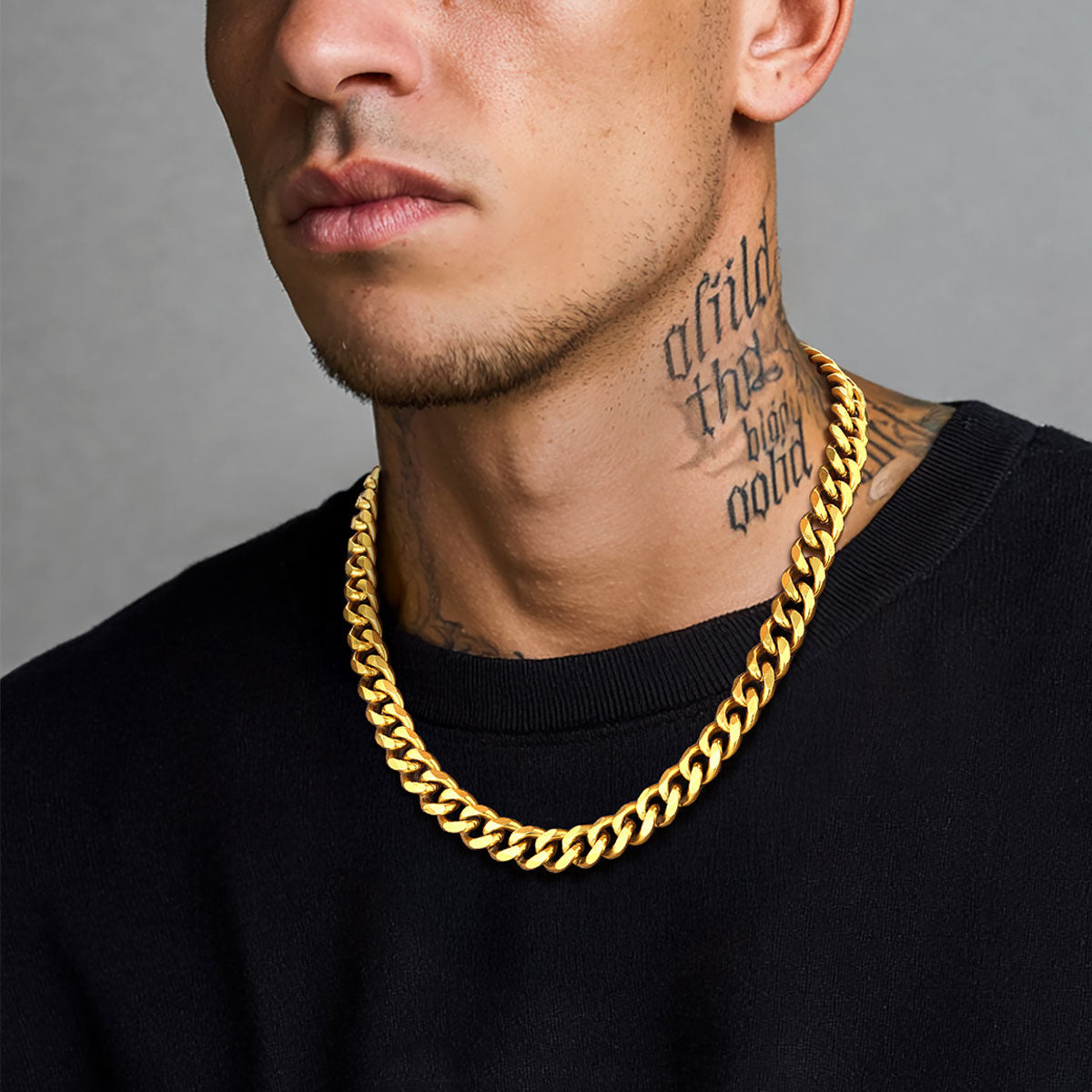 A Man Wearing Cuban Chain Necklace in Stainless Steel 6/9/12MM