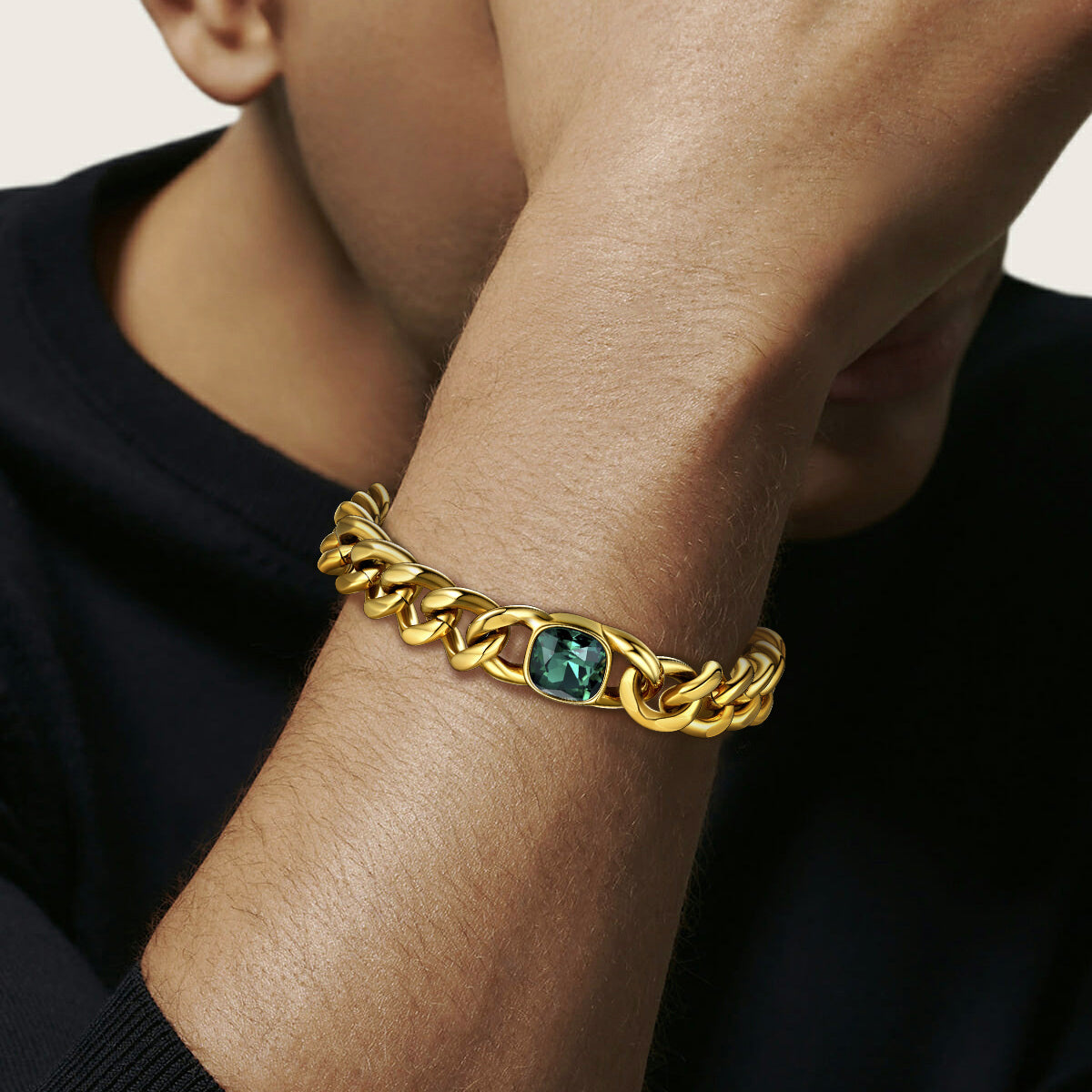 A Man Wearing Cuban Link Birthstone Bracelet