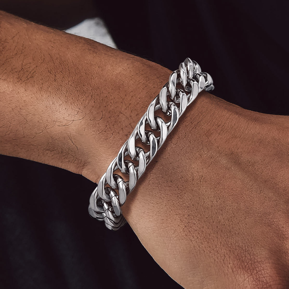 A Man Wearing Cuban Link Chain Bracelet in Stainless Steel