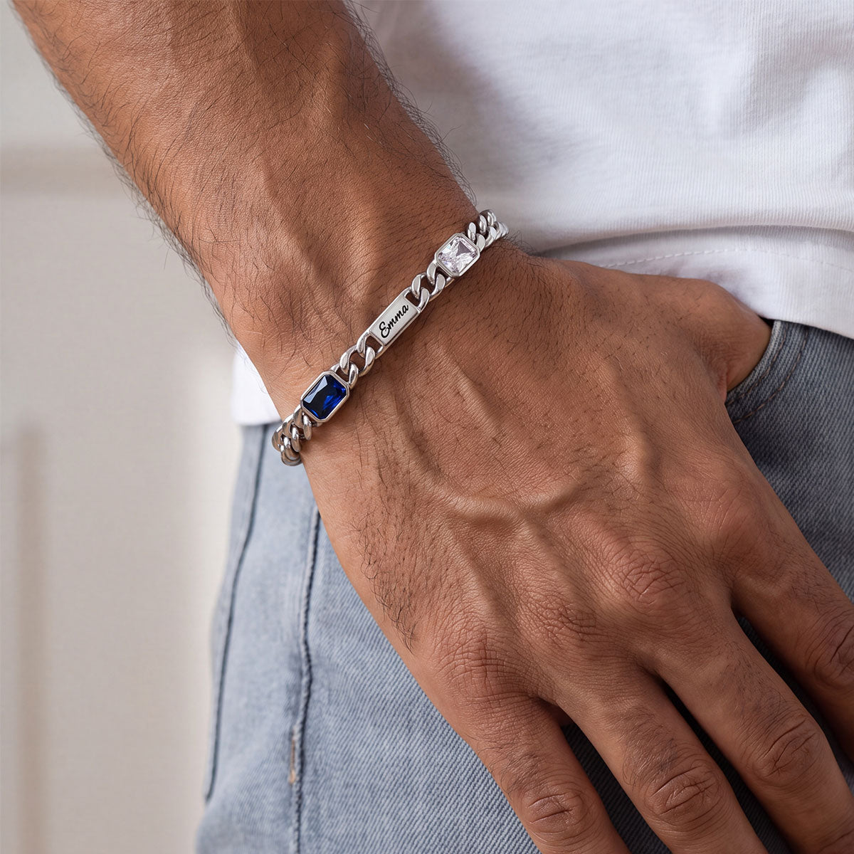 A Man Wearing Custom 1-4 Names Cuban Chain Bracelet with Birthstone 5MM