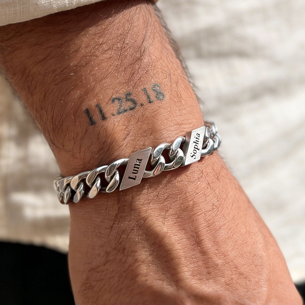 A Man Wearing Custom 1-6 Multi Names Cuban Chain Bracelet 
