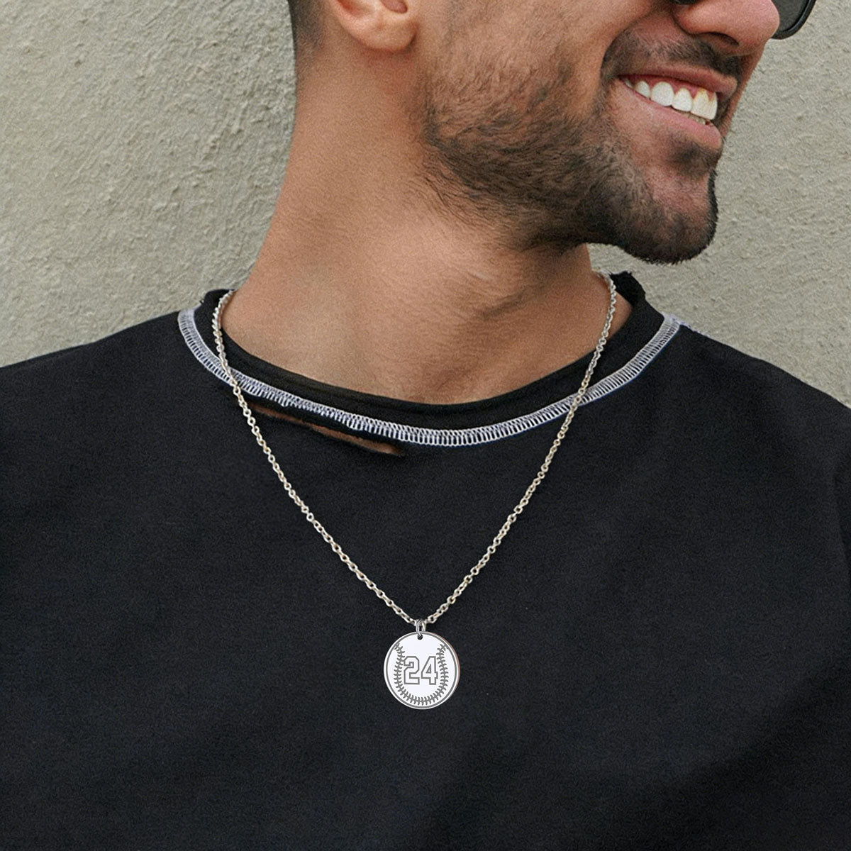 A Man Wearing Custom Ball Sport Necklaces Jersey Number Necklace
