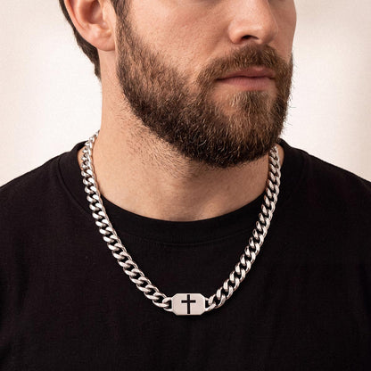 A Man Wearing Custom Cross Cuban Link Chain Necklace in Stainless Steel 