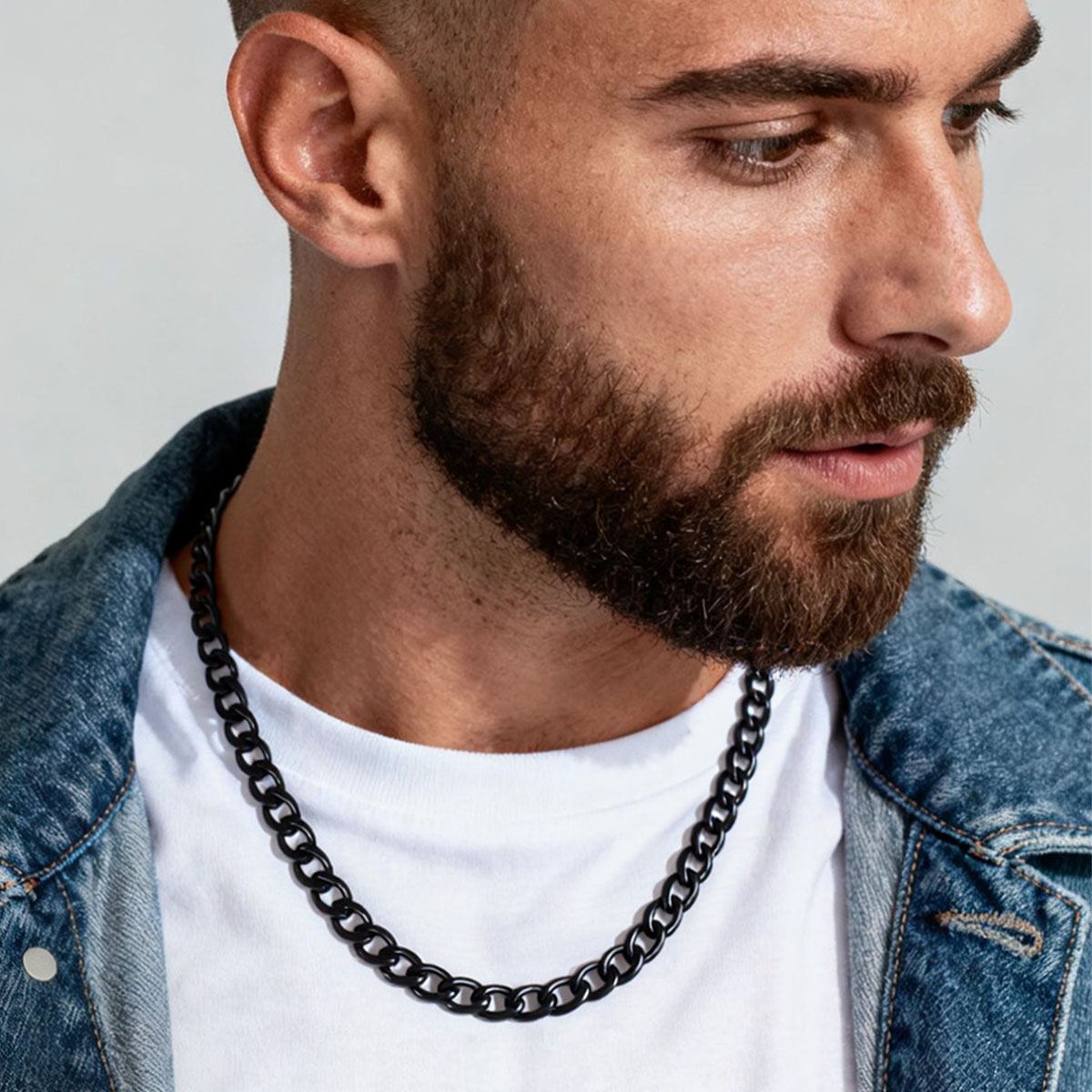 A Man Wearing Custom Cuban Link Chain Necklace in Black Plated