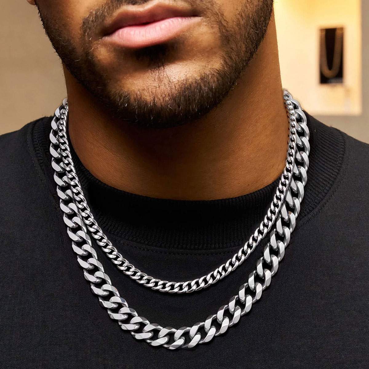 A Man Wearing Custom Cuban Link Chain Necklace in Stainless Steel