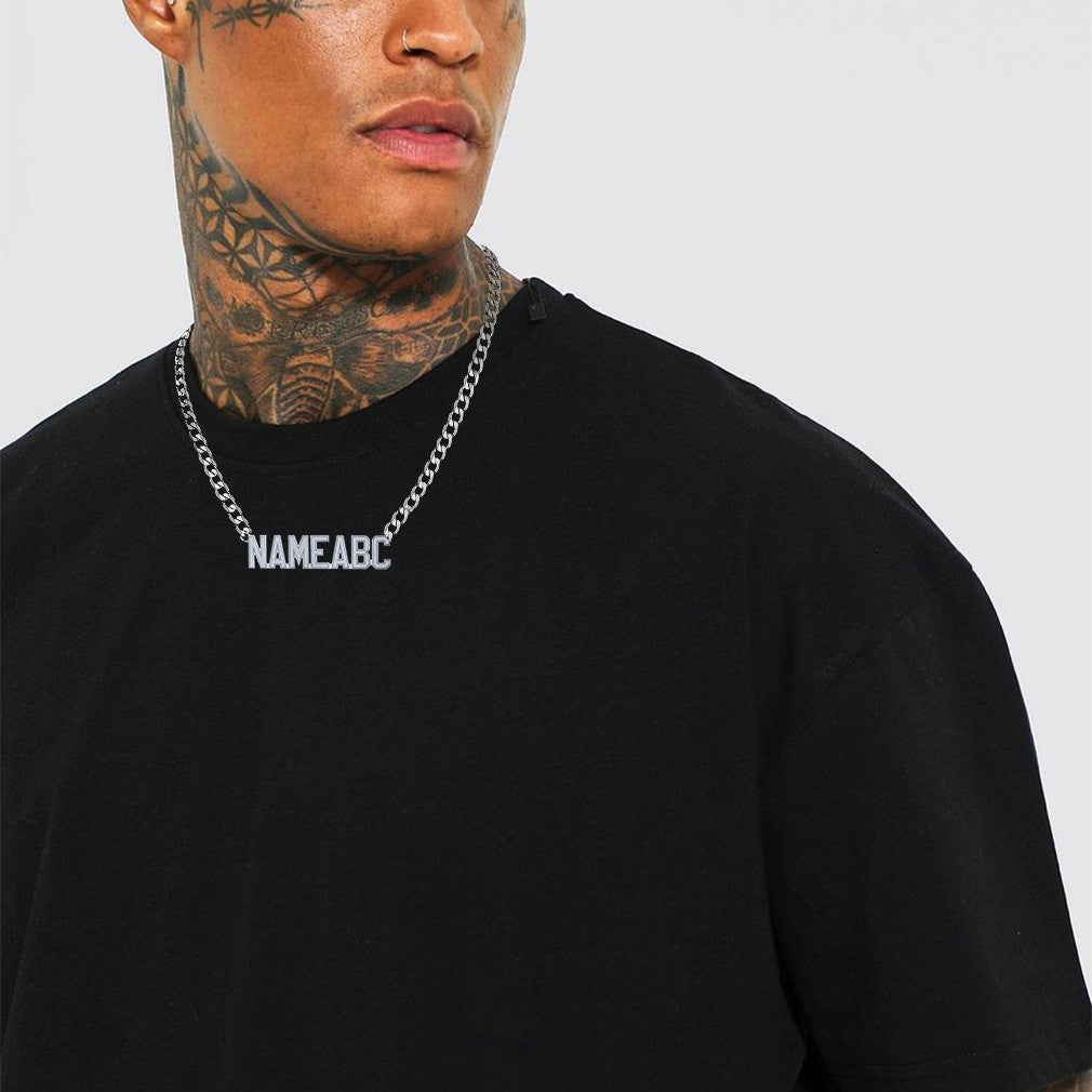 A Man Wearing Custom Cuban Link Name Plate Necklace