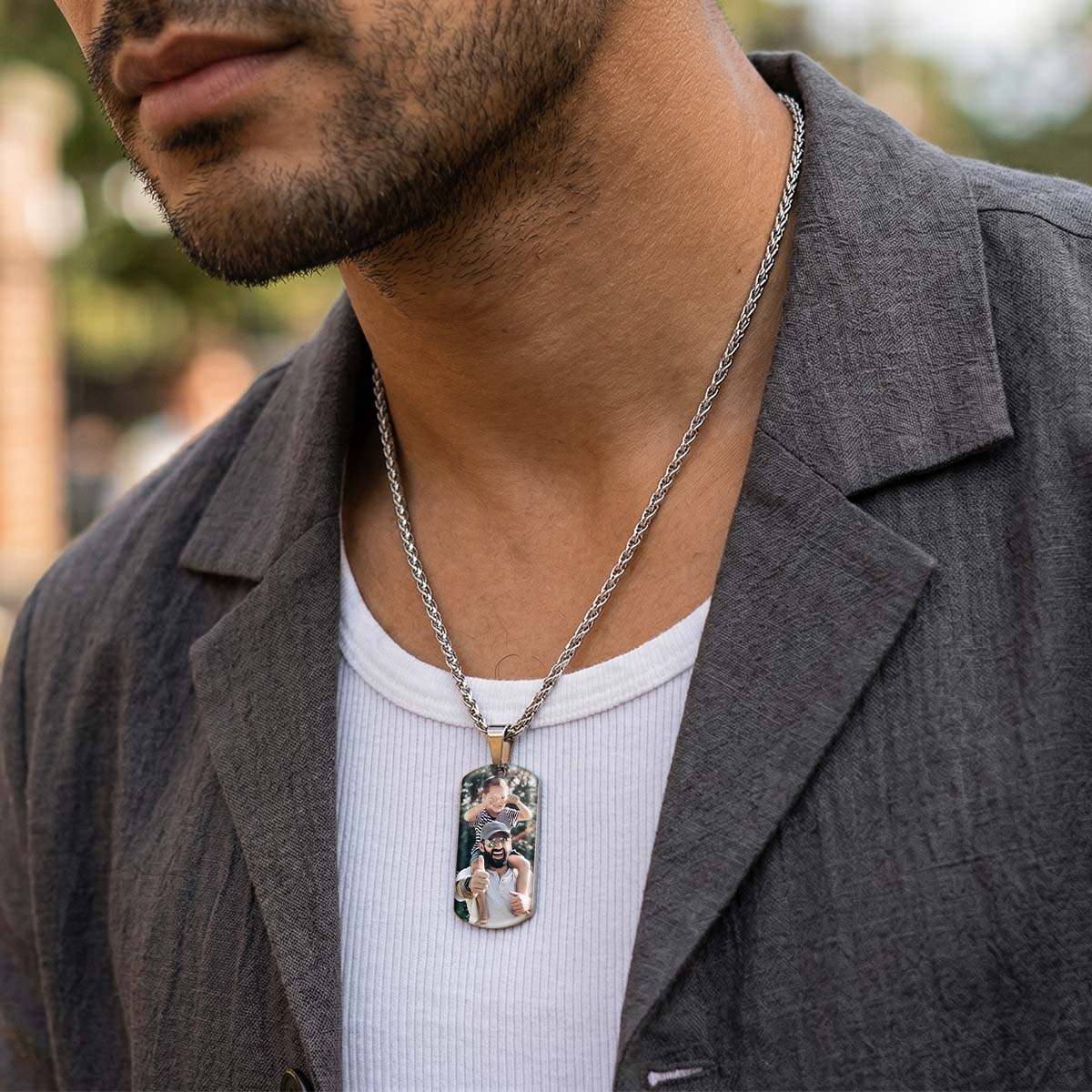 A Man Wearing Custom Double-Sided Dog Tag Picture Necklace