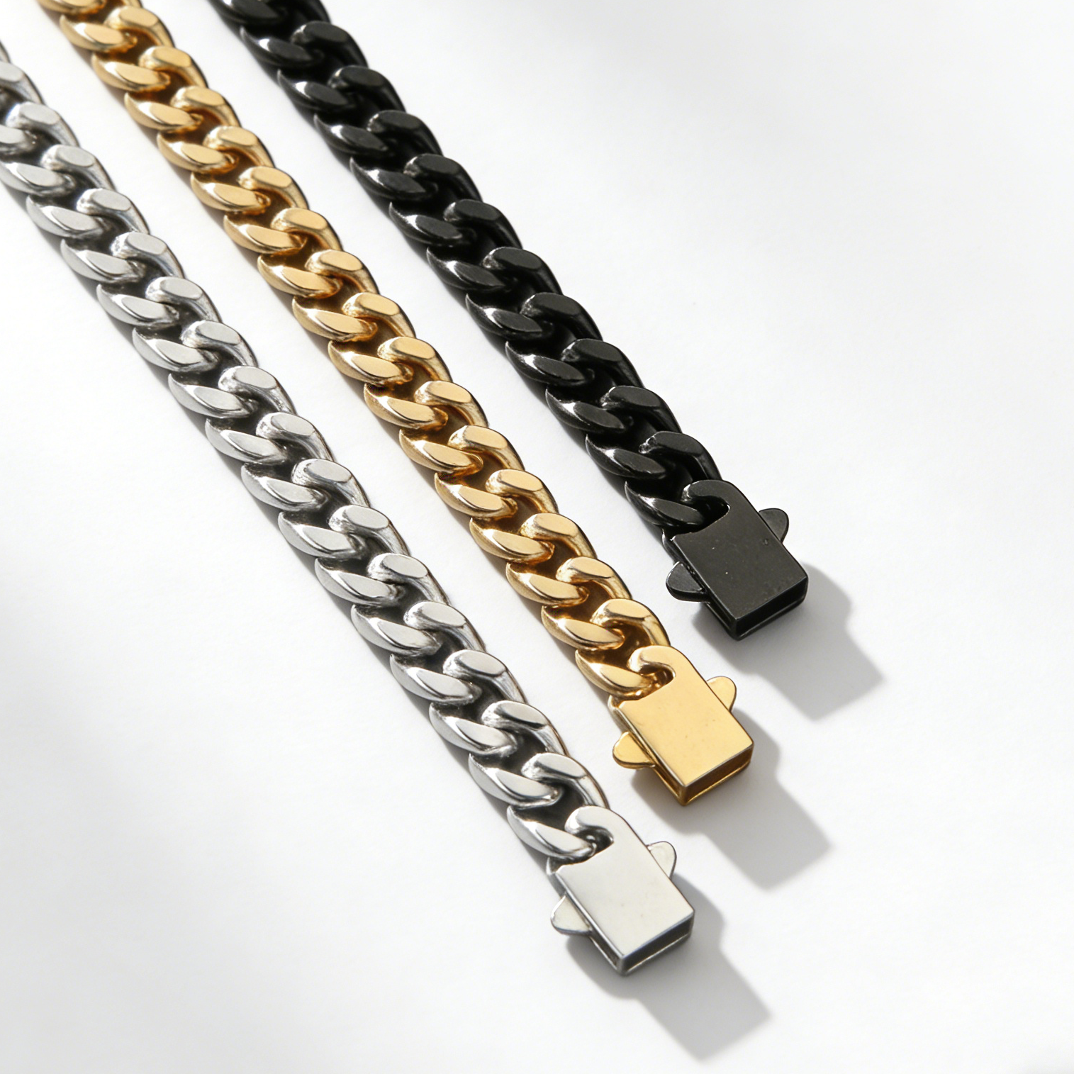 A Man Wearing Custom Engravable Cuban Chain Necklace & Bracelet Set 7MM in different color