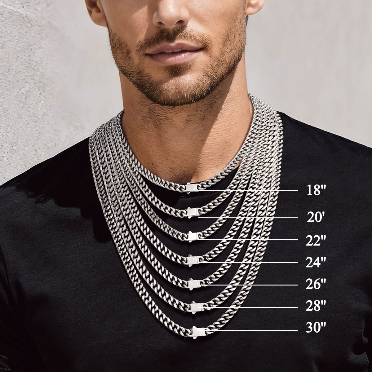 A Man Wearing Custom Engravable Cuban Chain Necklace & Bracelet Set 7MM in different length